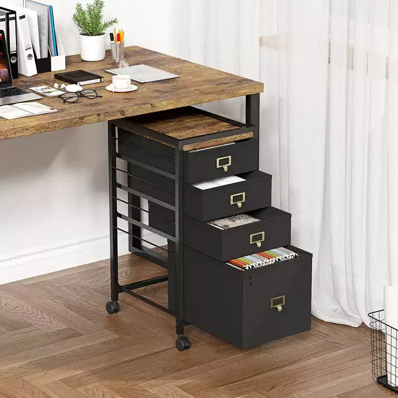 Meuble sous-table en MDF et fer au look rétro avec tiroirs en tissu, roulettes verrouillables, boucle anti-chute, rangement de documents A4