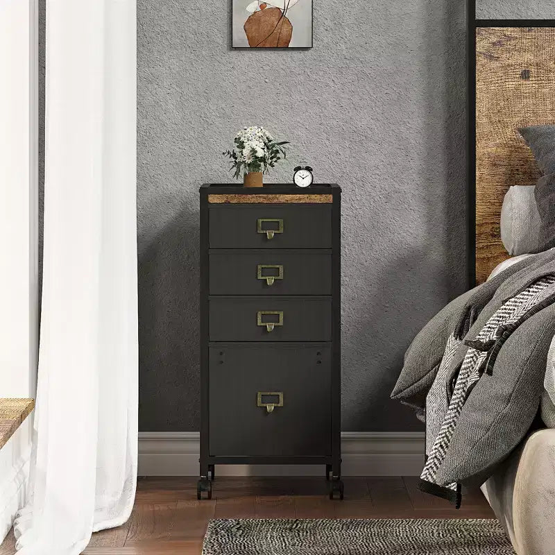 Retro - colored MDF Iron Under - Table Cabinet with Cloth Drawers, Lockable Wheels, Anti - Drop Buckle, A4 Document Storage