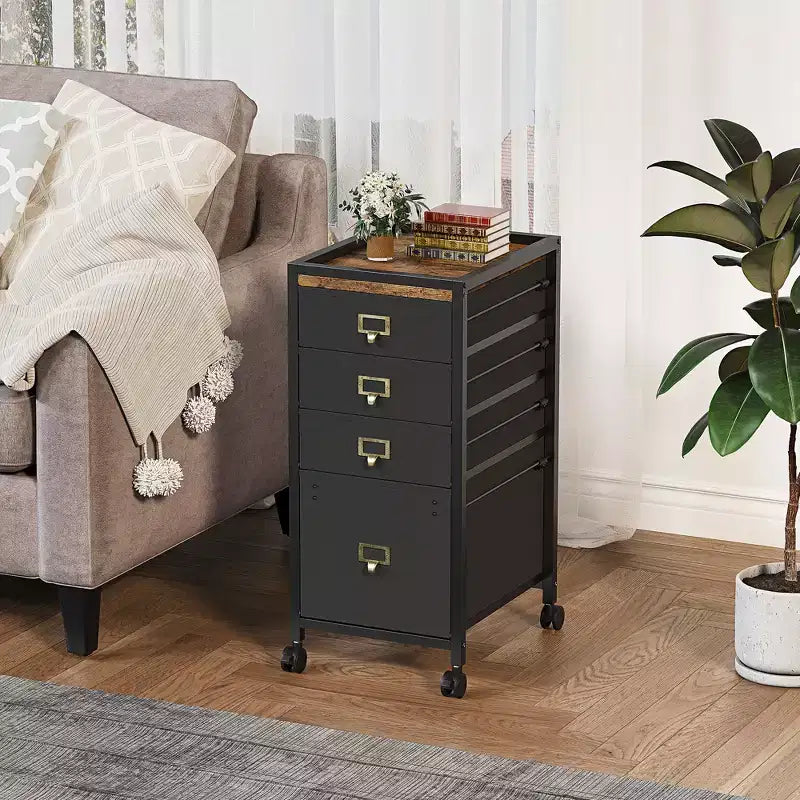 Meuble sous-table en MDF et fer au look rétro avec tiroirs en tissu, roulettes verrouillables, boucle anti-chute, rangement de documents A4