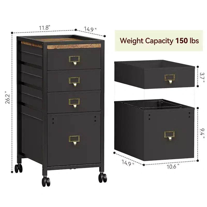 Meuble sous-table en MDF et fer au look rétro avec tiroirs en tissu, roulettes verrouillables, boucle anti-chute, rangement de documents A4