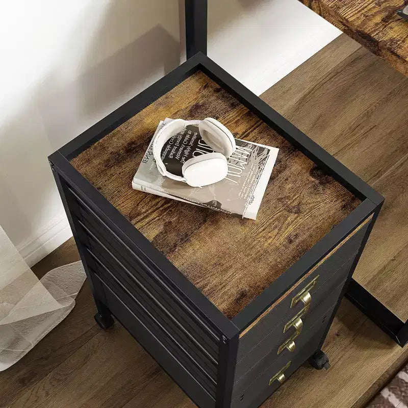 Meuble sous-table en MDF et fer au look rétro avec tiroirs en tissu, roulettes verrouillables, boucle anti-chute, rangement de documents A4