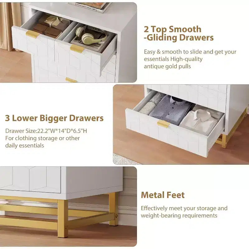 2/3/4/5/6/7 Drawer Dresser with Metal Legs, Wood Dressers Chest Organizer with Wide Storage, Modern Chest of Drawers for Bedroom, Living Room,Hallway