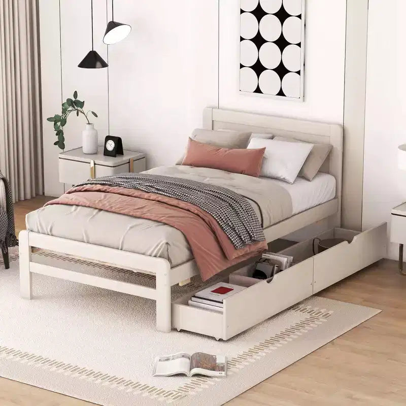 Twin Modern Platform Bed Frame with 2 Storage Drawers Sturdy Wooden Platform Bed Noiseless No Springs Required Easy to Assemble