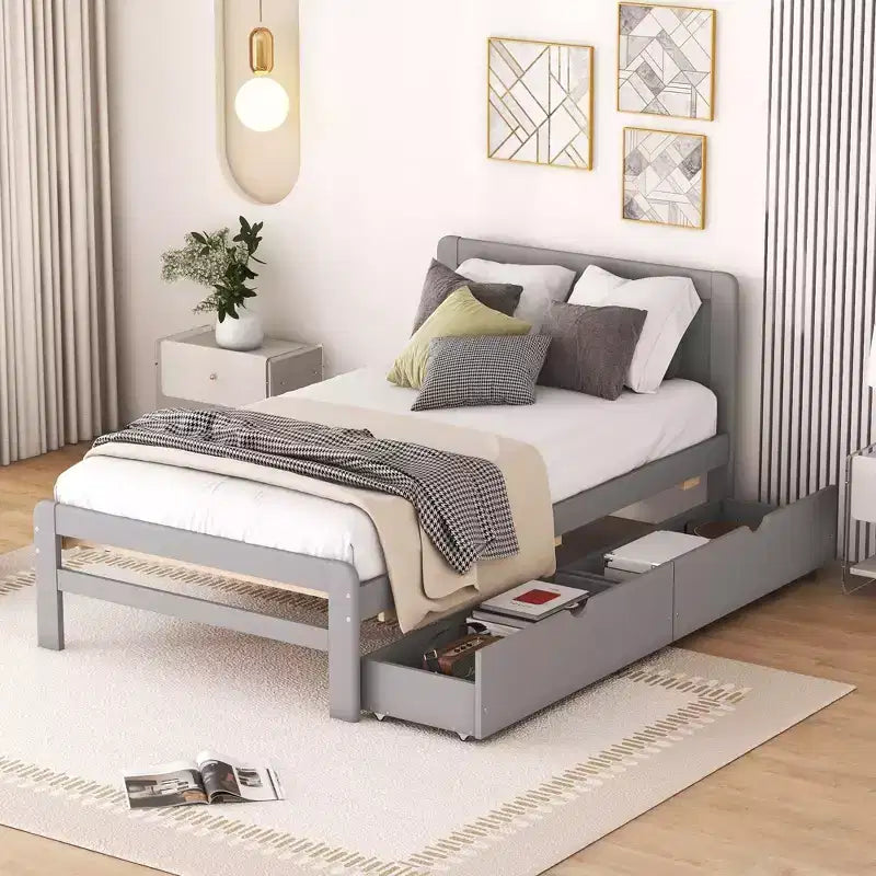 Twin Modern Platform Bed Frame with 2 Storage Drawers Sturdy Wooden Platform Bed Noiseless No Springs Required Easy to Assemble
