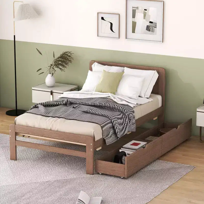 Twin Modern Platform Bed Frame with 2 Storage Drawers Sturdy Wooden Platform Bed Noiseless No Springs Required Easy to Assemble