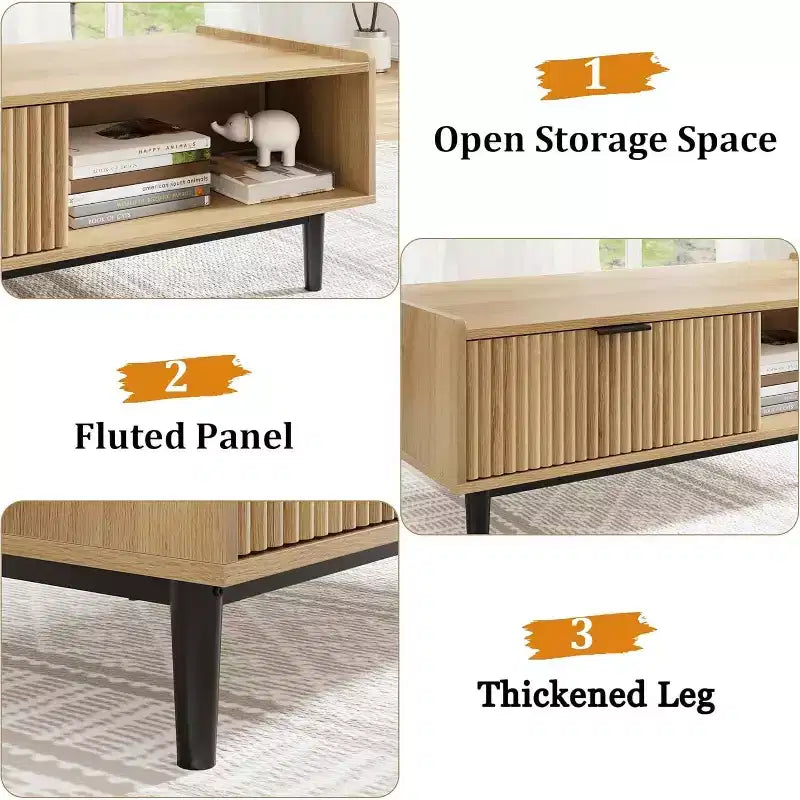 Fluted Coffee Table Light Wood Coffee Table 2 Tier Cocktail Table with Drawers