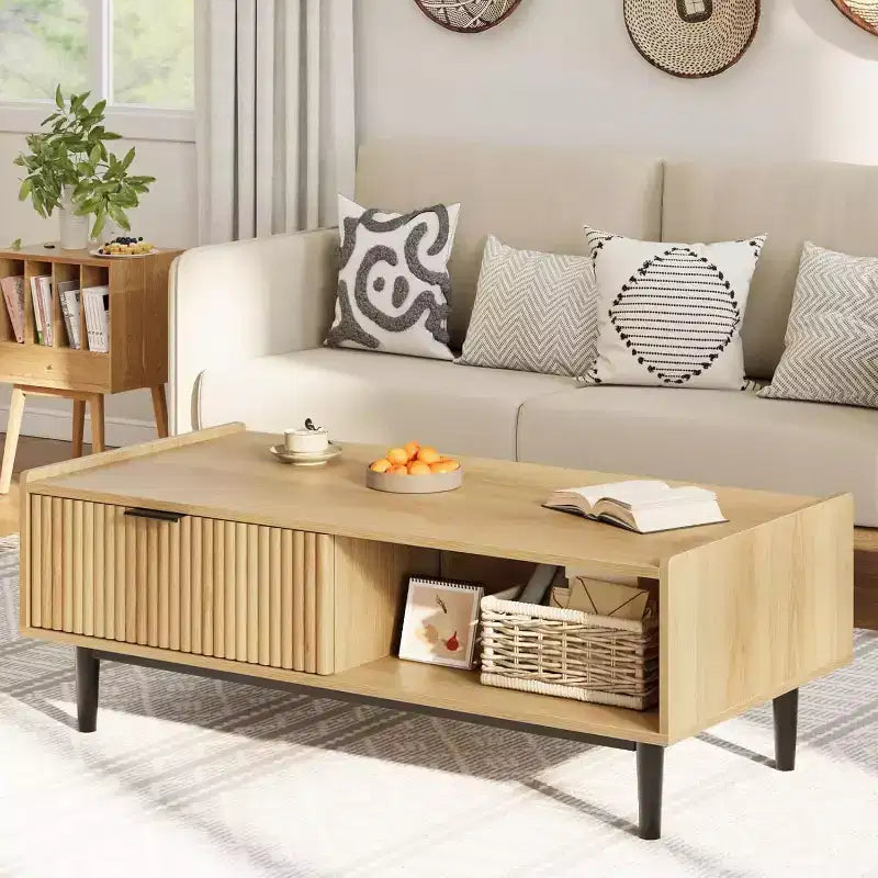 Fluted Coffee Table Light Wood Coffee Table 2 Tier Cocktail Table with Drawers