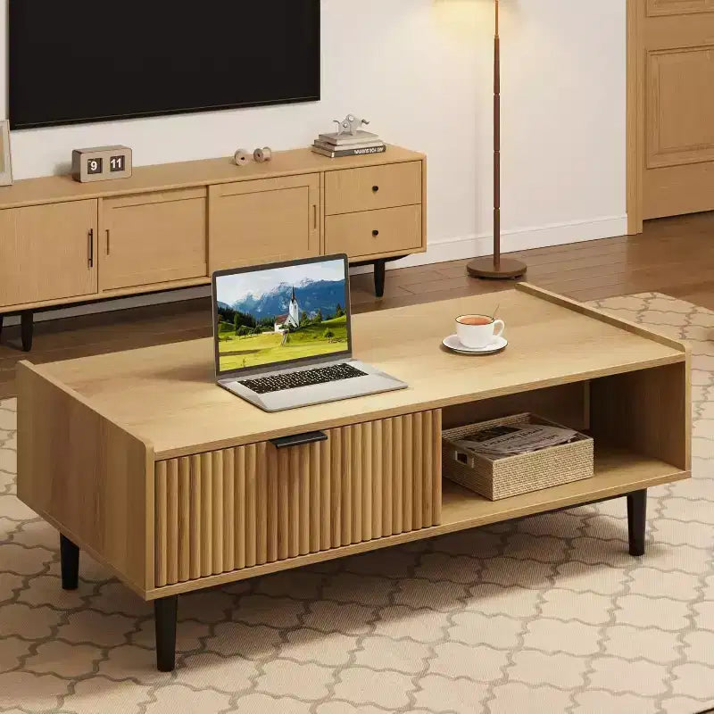 Fluted Coffee Table Light Wood Coffee Table 2 Tier Cocktail Table with Drawers