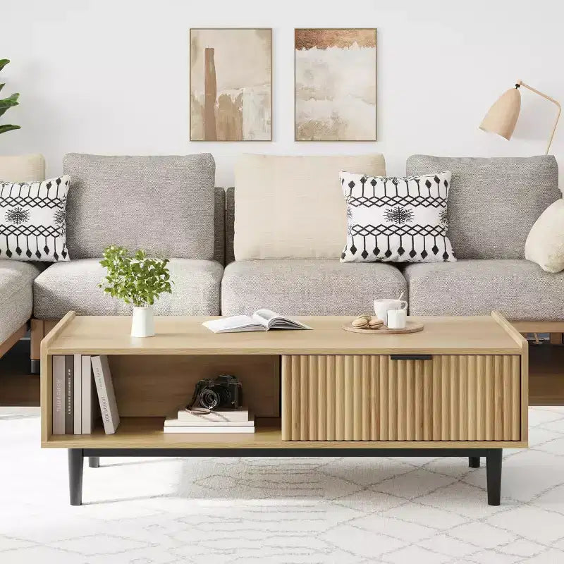 Fluted Coffee Table Light Wood Coffee Table 2 Tier Cocktail Table with Drawers