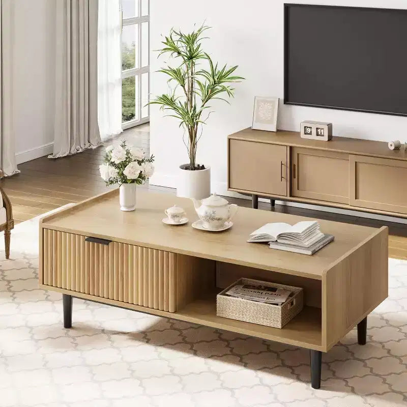 Fluted Coffee Table Light Wood Coffee Table 2 Tier Cocktail Table with Drawers