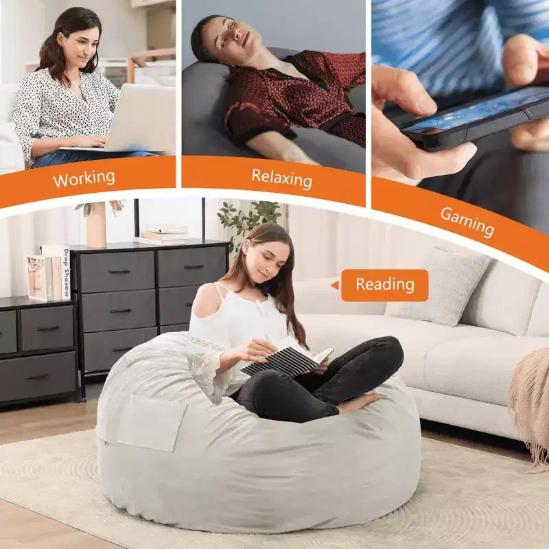 4ft Foam Filled Bean Bag Chair Soft Removable Cover Comfortable for Adults Kids Living Room Bedroom Dorm