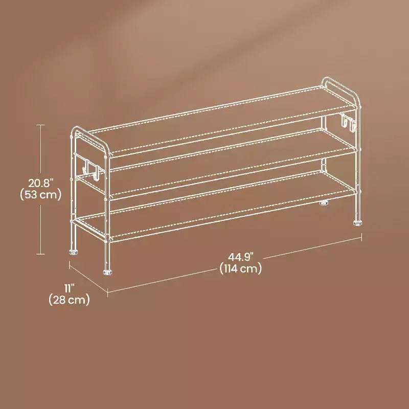 Shoe Rack, 3 Tier Shoe Organizer, Fabric Shoe Shelf Storage with 4 Hooks, Holds up to 18 Pairs of Shoes, Height-Adjustable Shoe Rack for Entryway