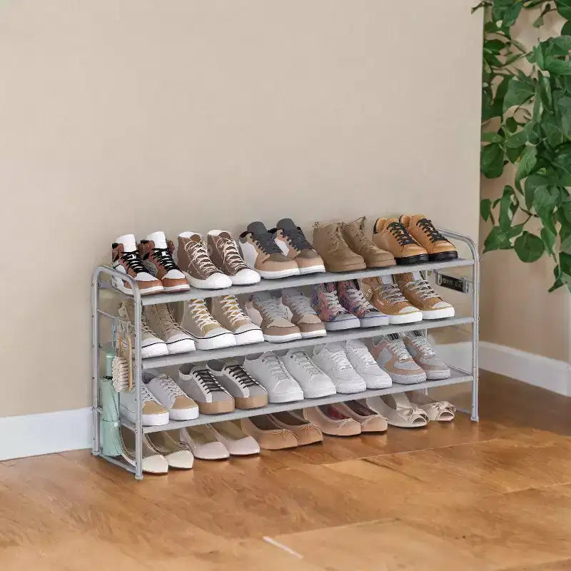 Shoe Rack, 3 Tier Shoe Organizer, Fabric Shoe Shelf Storage with 4 Hooks, Holds up to 18 Pairs of Shoes, Height-Adjustable Shoe Rack for Entryway