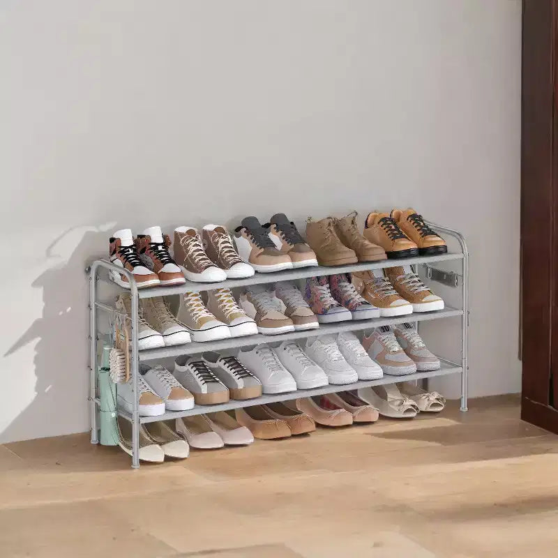 Shoe Rack, 3 Tier Shoe Organizer, Fabric Shoe Shelf Storage with 4 Hooks, Holds up to 18 Pairs of Shoes, Height-Adjustable Shoe Rack for Entryway
