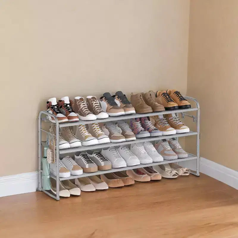 Shoe Rack, 3 Tier Shoe Organizer, Fabric Shoe Shelf Storage with 4 Hooks, Holds up to 18 Pairs of Shoes, Height-Adjustable Shoe Rack for Entryway