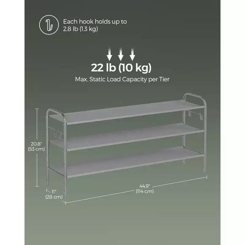 Shoe Rack, 3 Tier Shoe Organizer, Fabric Shoe Shelf Storage with 4 Hooks, Holds up to 18 Pairs of Shoes, Height-Adjustable Shoe Rack for Entryway