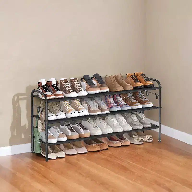 Shoe Rack, 3 Tier Shoe Organizer, Fabric Shoe Shelf Storage with 4 Hooks, Holds up to 18 Pairs of Shoes, Height-Adjustable Shoe Rack for Entryway