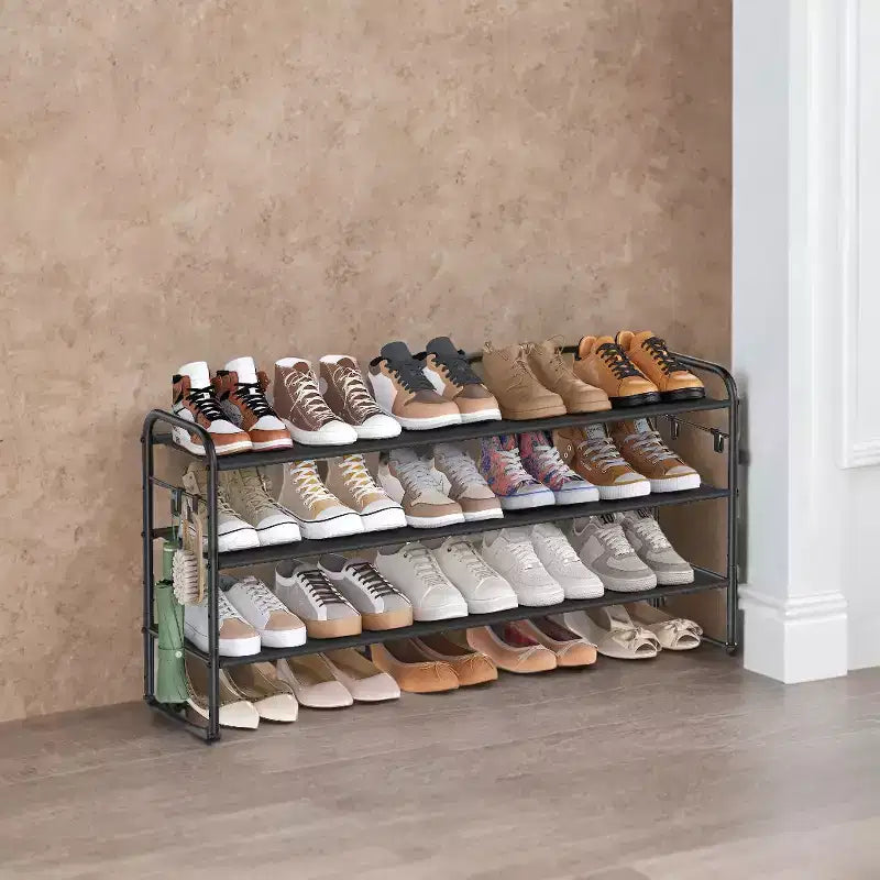 Shoe Rack, 3 Tier Shoe Organizer, Fabric Shoe Shelf Storage with 4 Hooks, Holds up to 18 Pairs of Shoes, Height-Adjustable Shoe Rack for Entryway