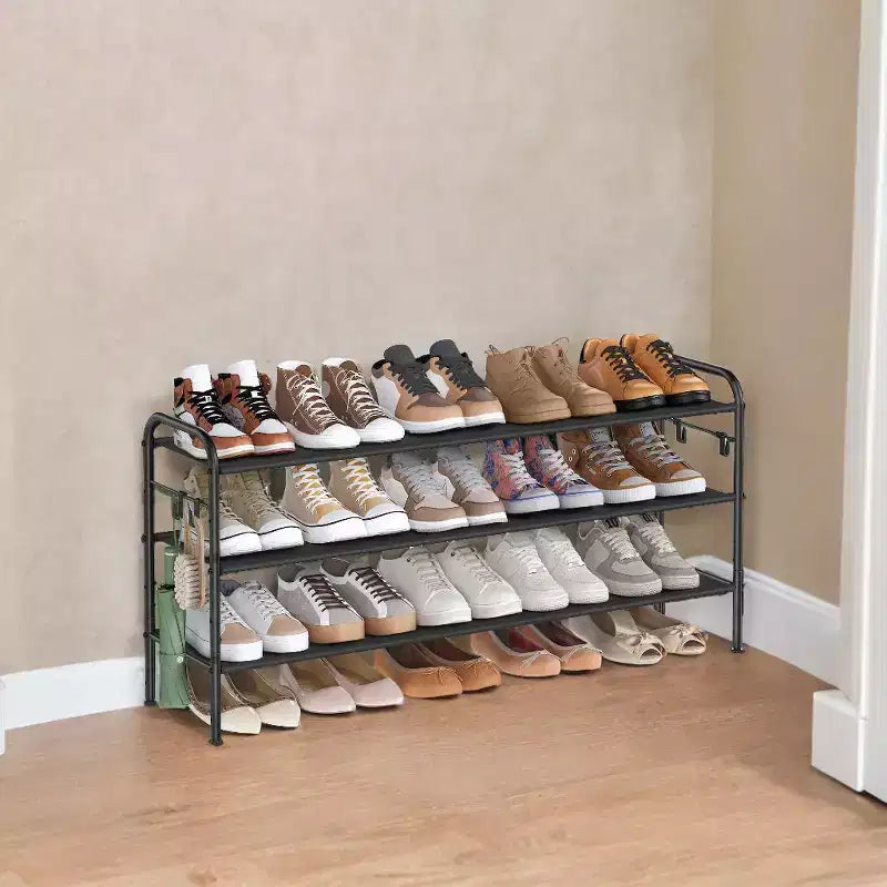 Shoe Rack, 3 Tier Shoe Organizer, Fabric Shoe Shelf Storage with 4 Hooks, Holds up to 18 Pairs of Shoes, Height-Adjustable Shoe Rack for Entryway