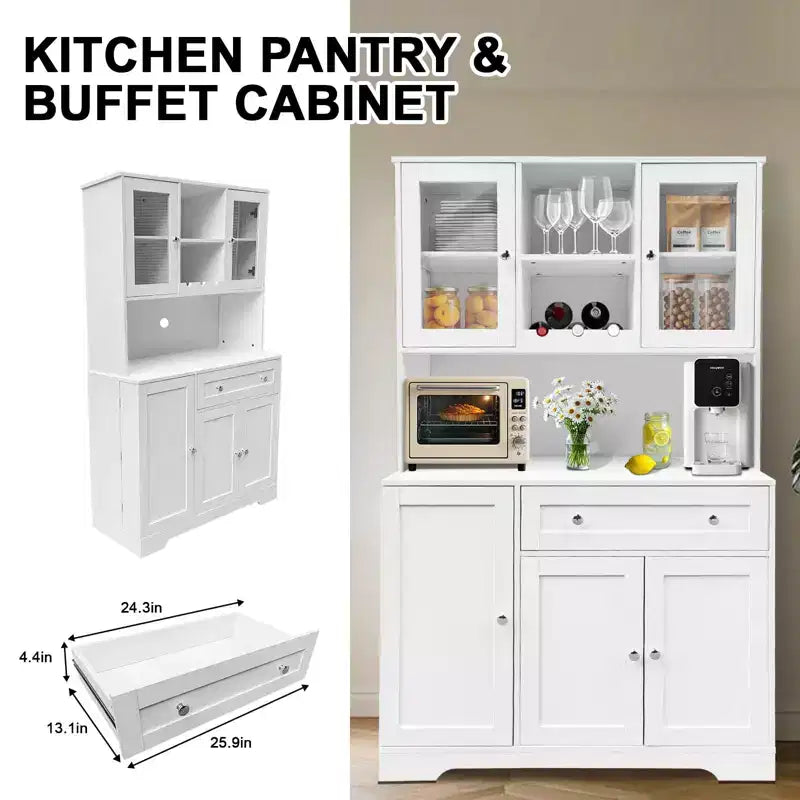 68 Inch Kitchen Pantry Cabinet, Freestanding Kitchen Hutch Cabinet with Wine Rack, Drawer and Door Shelves