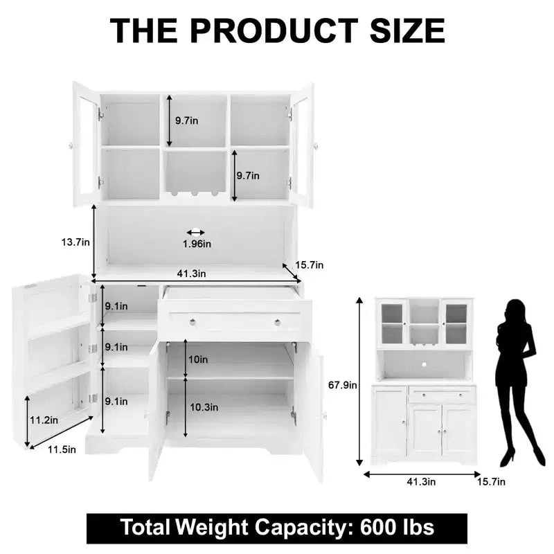 68 Inch Kitchen Pantry Cabinet, Freestanding Kitchen Hutch Cabinet with Wine Rack, Drawer and Door Shelves