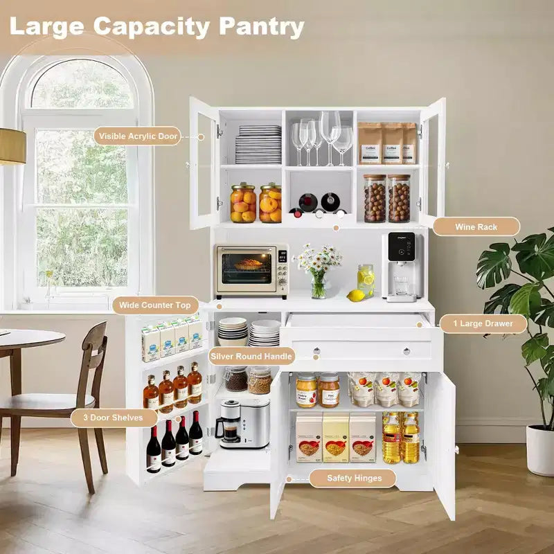 68 Inch Kitchen Pantry Cabinet, Freestanding Kitchen Hutch Cabinet with Wine Rack, Drawer and Door Shelves