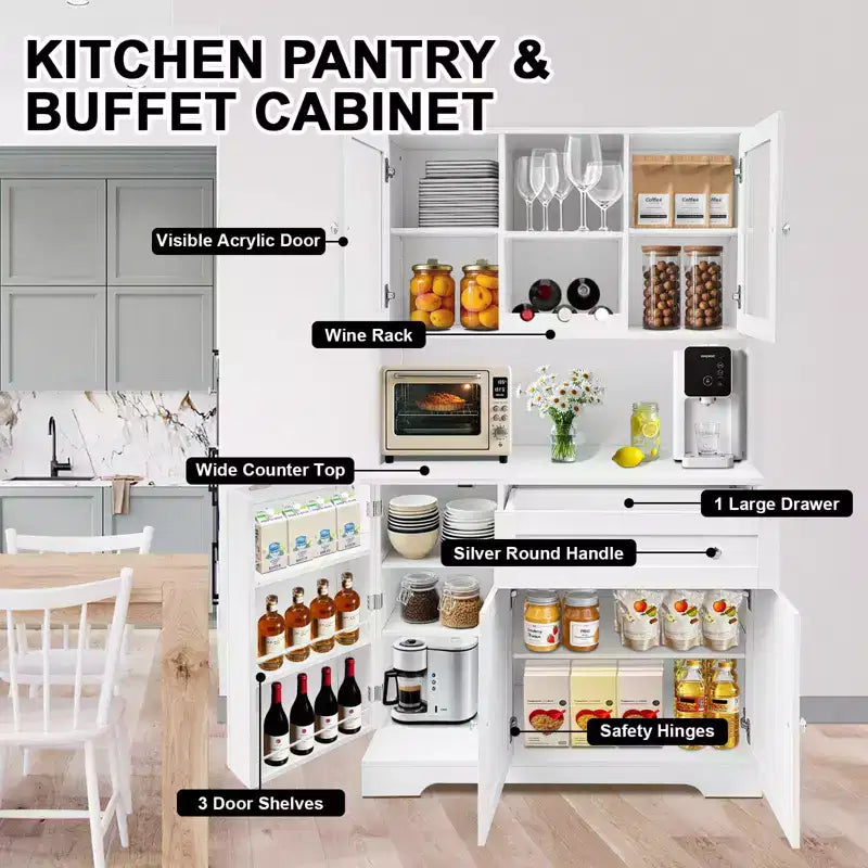 68 Inch Kitchen Pantry Cabinet, Freestanding Kitchen Hutch Cabinet with Wine Rack, Drawer and Door Shelves