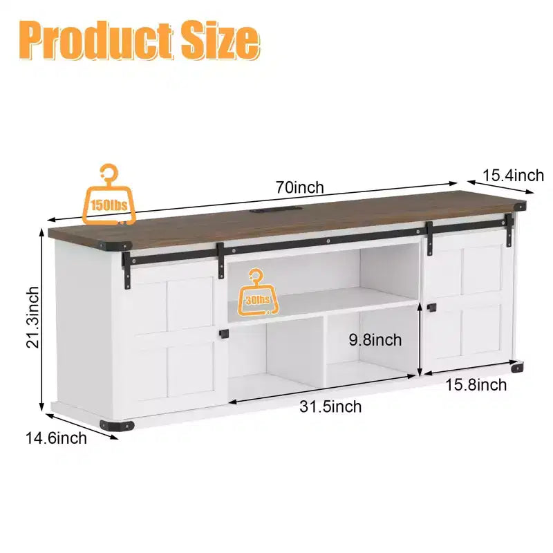 70 TV Stand for 75 Inch TVs, Farmhouse Entertainment Center with Sliding Barn Doors and Storage Cabinets, Modern Media TV Console Table