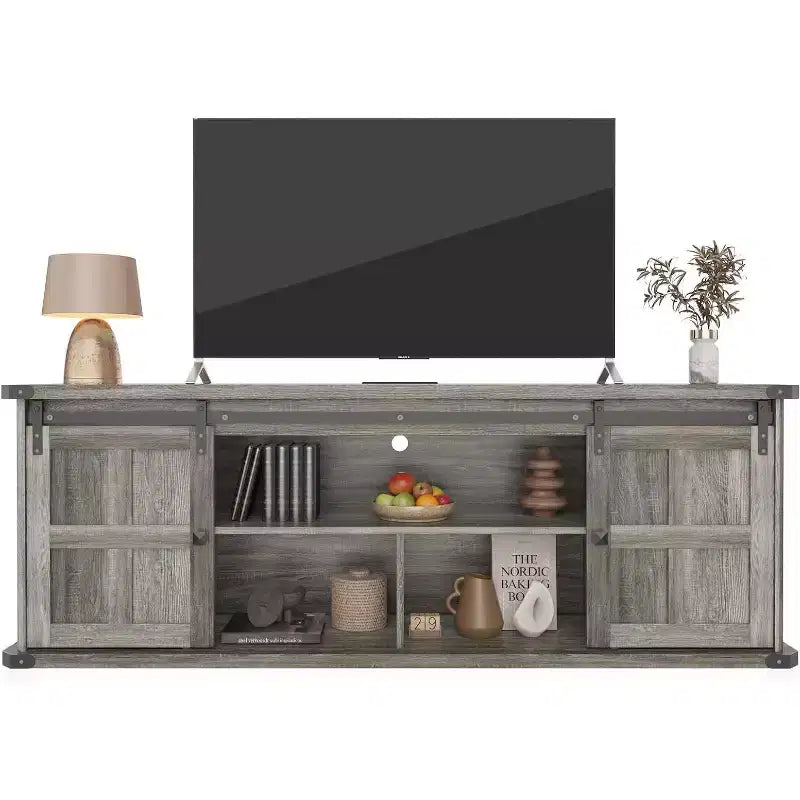 70 TV Stand for 75 Inch TVs, Farmhouse Entertainment Center with Sliding Barn Doors and Storage Cabinets, Modern Media TV Console Table