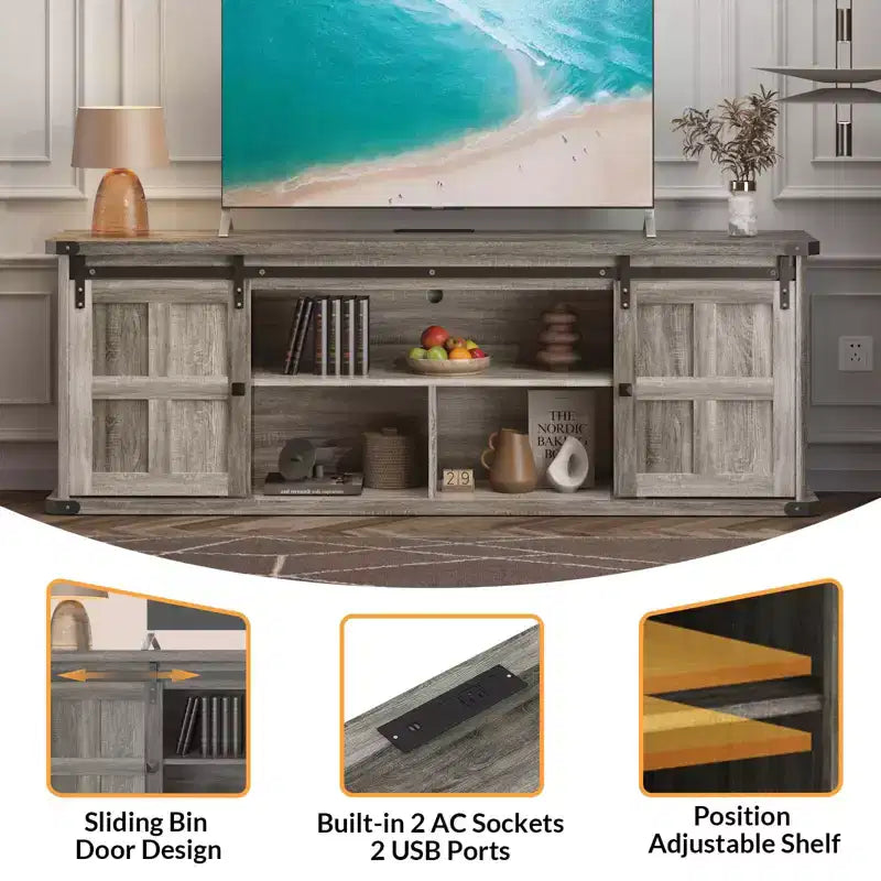 70 TV Stand for 75 Inch TVs, Farmhouse Entertainment Center with Sliding Barn Doors and Storage Cabinets, Modern Media TV Console Table