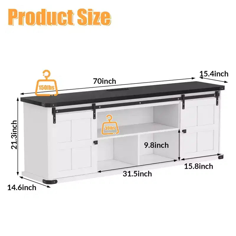 70 TV Stand for 75 Inch TVs, Farmhouse Entertainment Center with Sliding Barn Doors and Storage Cabinets, Modern Media TV Console Table