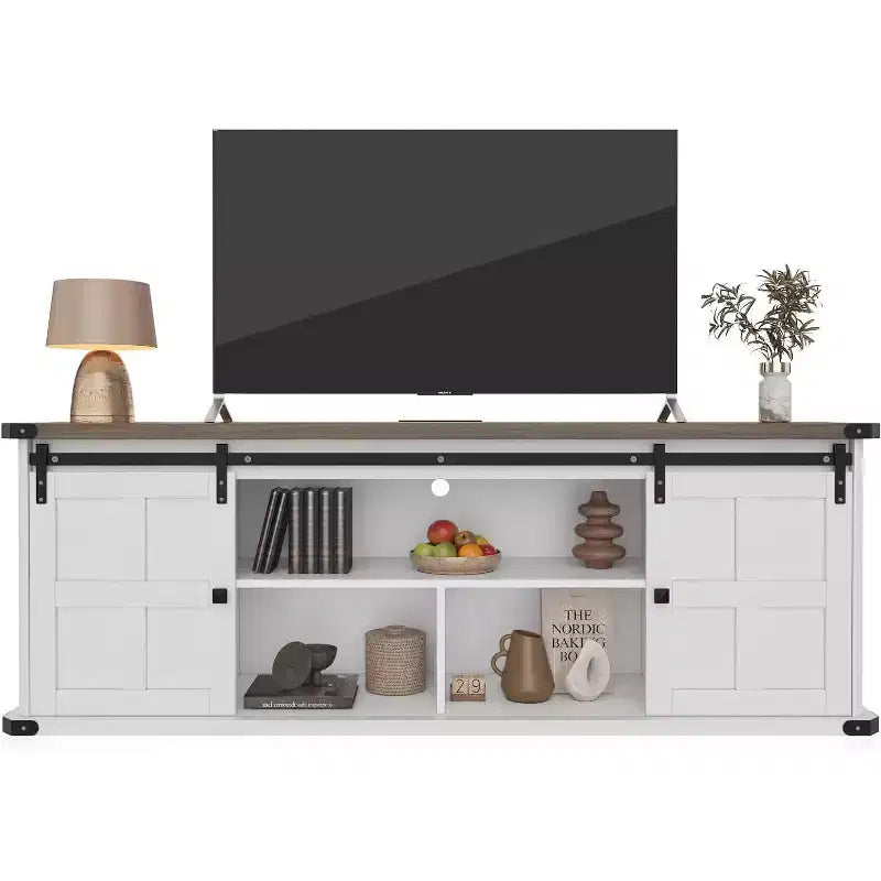 70 TV Stand for 75 Inch TVs, Farmhouse Entertainment Center with Sliding Barn Doors and Storage Cabinets, Modern Media TV Console Table