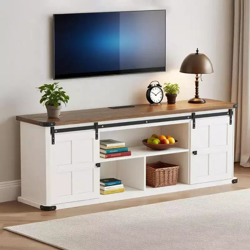 70 TV Stand for 75 Inch TVs, Farmhouse Entertainment Center with Sliding Barn Doors and Storage Cabinets, Modern Media TV Console Table
