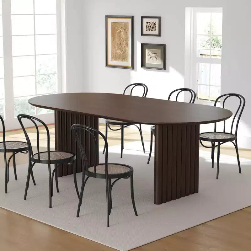 79 x 33.5 Dining Table Wood Oval Kitchen Table with Scratch-Resistant Top & Striped Legs Modern Farmhouse for Living Room Kitchen Walnut