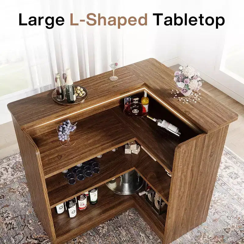 L-Shaped Bar Cabinet, 4-Tier Corner Liquor Table with Glass Holder & Storage Shelves, for Kitchen, Living Room, Home Pub