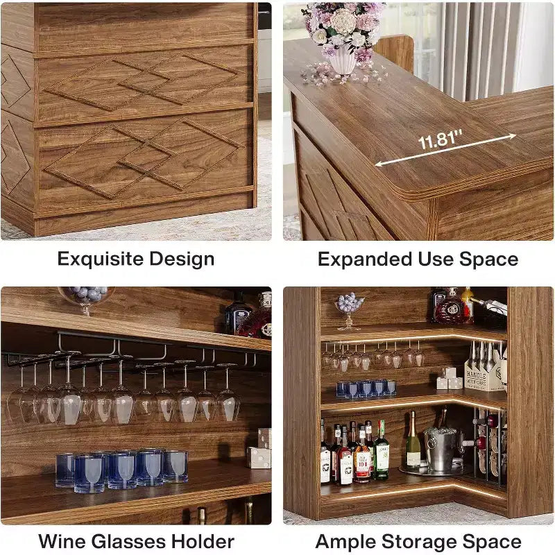 L-Shaped Bar Cabinet, 4-Tier Corner Liquor Table with Glass Holder & Storage Shelves, for Kitchen, Living Room, Home Pub