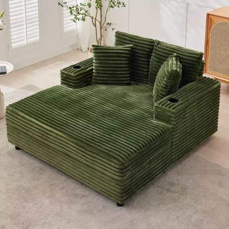 54 Oversized Chaise Lounge Chair, Upholstered Sleeper Sofa Bed with 4 Pillows & Cup Holder, Corduroy Comfy Sofa Couch for Living Room Bedroom, Green