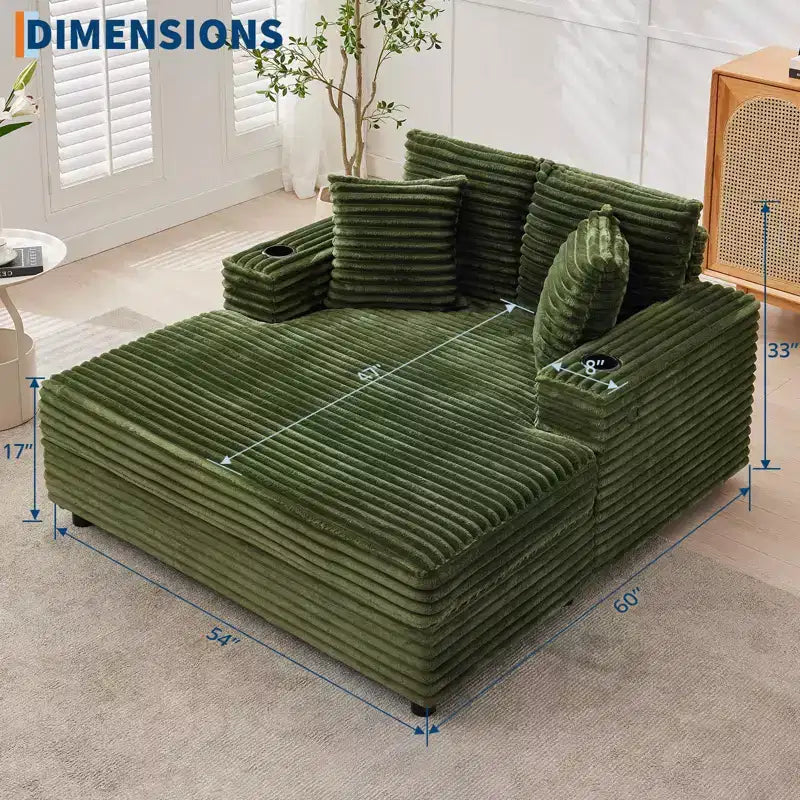 54 Oversized Chaise Lounge Chair, Upholstered Sleeper Sofa Bed with 4 Pillows & Cup Holder, Corduroy Comfy Sofa Couch for Living Room Bedroom, Green