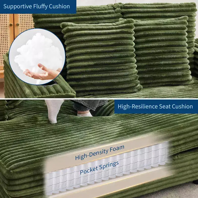54 Oversized Chaise Lounge Chair, Upholstered Sleeper Sofa Bed with 4 Pillows & Cup Holder, Corduroy Comfy Sofa Couch for Living Room Bedroom, Green