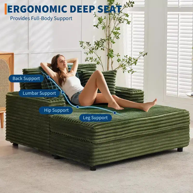 54 Oversized Chaise Lounge Chair, Upholstered Sleeper Sofa Bed with 4 Pillows & Cup Holder, Corduroy Comfy Sofa Couch for Living Room Bedroom, Green