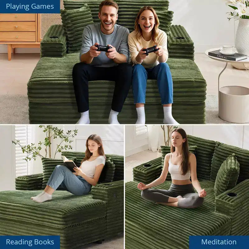 54 Oversized Chaise Lounge Chair, Upholstered Sleeper Sofa Bed with 4 Pillows & Cup Holder, Corduroy Comfy Sofa Couch for Living Room Bedroom, Green