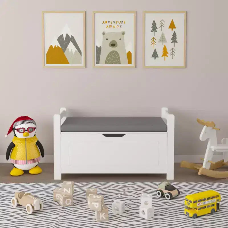 Kids Toy Box Chest, White Toy Box for Boys Girls, Large Storage Cabinet with Cushion Seat Bench/Flip-Top Lid/Safety Hinge
