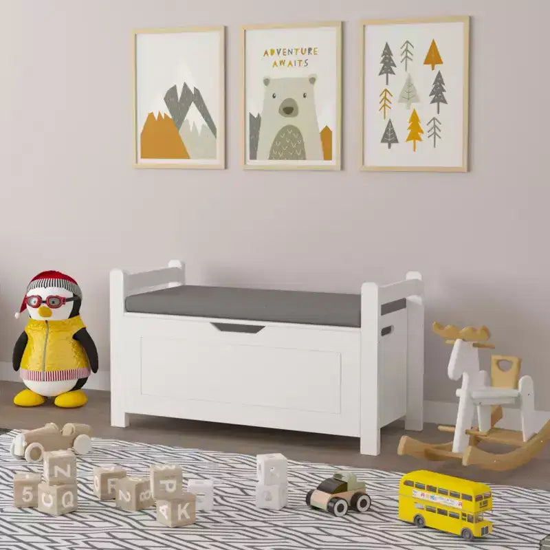 Kids Toy Box Chest, White Toy Box for Boys Girls, Large Storage Cabinet with Cushion Seat Bench/Flip-Top Lid/Safety Hinge