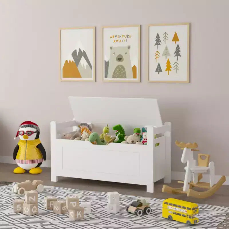Kids Toy Box Chest, White Toy Box for Boys Girls, Large Storage Cabinet with Cushion Seat Bench/Flip-Top Lid/Safety Hinge