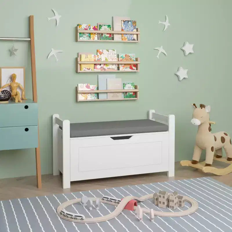 Kids Toy Box Chest, White Toy Box for Boys Girls, Large Storage Cabinet with Cushion Seat Bench/Flip-Top Lid/Safety Hinge