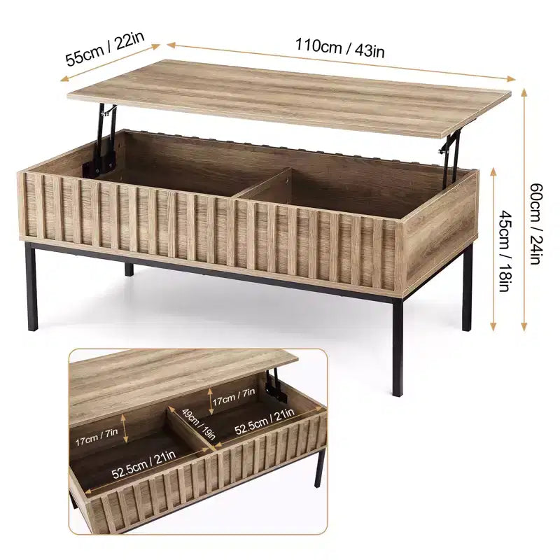 Wooden Lift Top Coffee Table 43'' Living Room Center Table with Hidden Storage Compartment, Lift Tabletop Dining Desk, Teak Finish