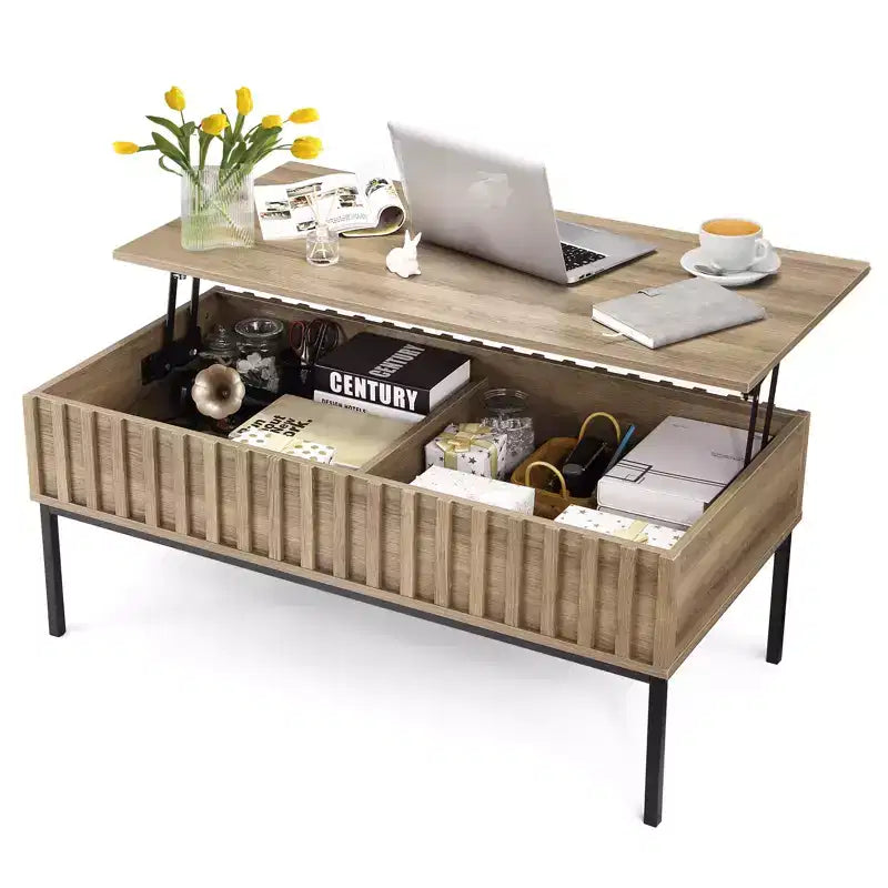 Wooden Lift Top Coffee Table 43'' Living Room Center Table with Hidden Storage Compartment, Lift Tabletop Dining Desk, Teak Finish