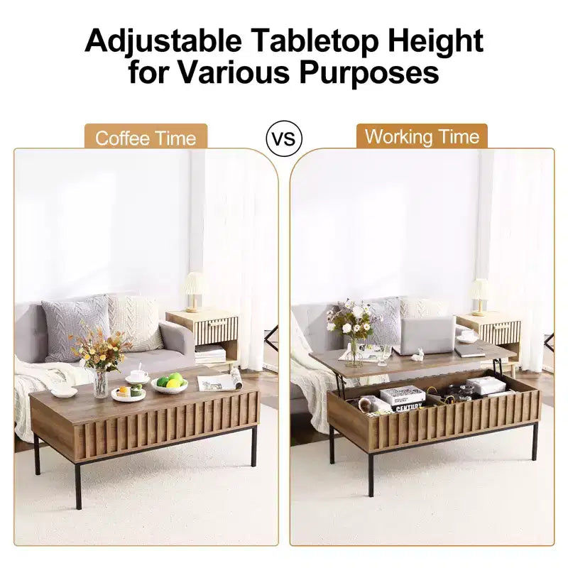 Wooden Lift Top Coffee Table 43'' Living Room Center Table with Hidden Storage Compartment, Lift Tabletop Dining Desk, Teak Finish