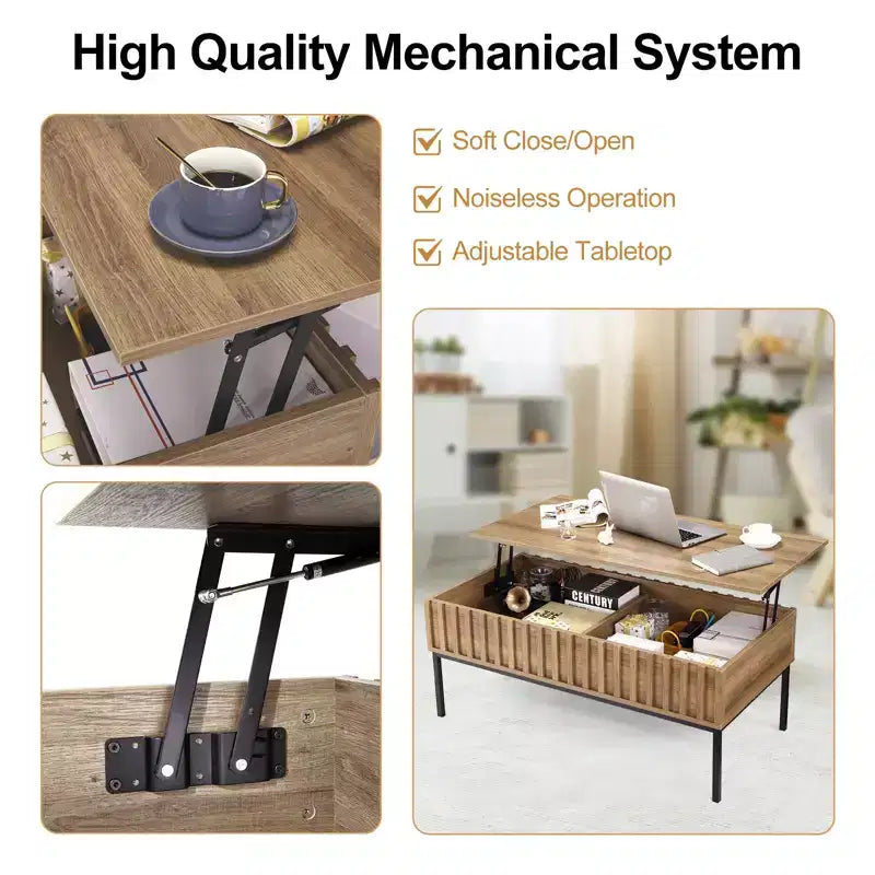 Wooden Lift Top Coffee Table 43'' Living Room Center Table with Hidden Storage Compartment, Lift Tabletop Dining Desk, Teak Finish