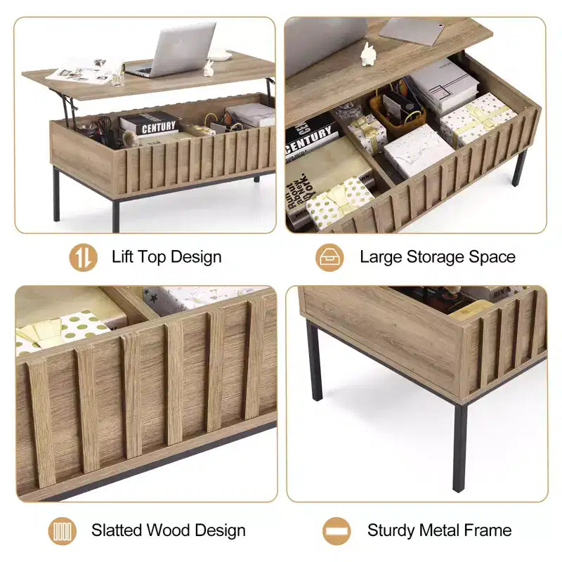 Wooden Lift Top Coffee Table 43'' Living Room Center Table with Hidden Storage Compartment, Lift Tabletop Dining Desk, Teak Finish